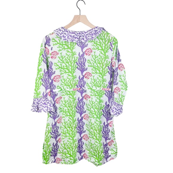 Gretchen Scott Designs Women's Ruffle Neck Dress Purple Green Reef Print Medium - Picture 2 of 7